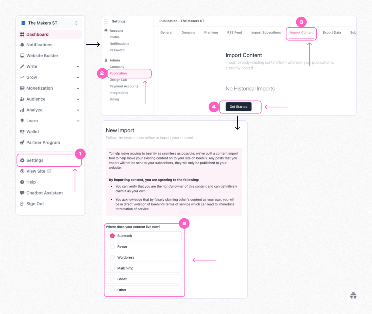 Step-by-step interface showing how to import existing newsletter content into beehiiv by navigating to Settings → Publication → Import Content and selecting a source like Substack, WordPress, or Mailchimp.