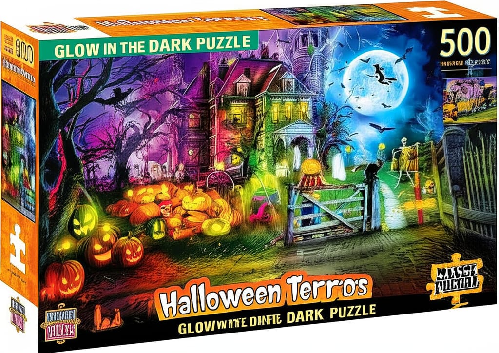 A landscape 16:9 image with a solid white background features a jigsaw puzzle box titled 'Halloween Terrors' and marked 'GLOW IN THE DARK PUZZLE' and '500' pieces. The box art depicts a spooky, illuminated old mansion at twilight with Halloween elements like carved glowing pumpkins, a jack-o'-lantern-headed scarecrow by a wooden gate, a black cat on a fence, a skeleton riding a skeletal horse towards a graveyard, bats, a witch on a broomstick silhouetted against a full moon in a stormy sky, and floating ghosts. The 'MASTERPIECES' brand logo is visible. The design has a clean, modern, and professional aesthetic, optimized for web use.