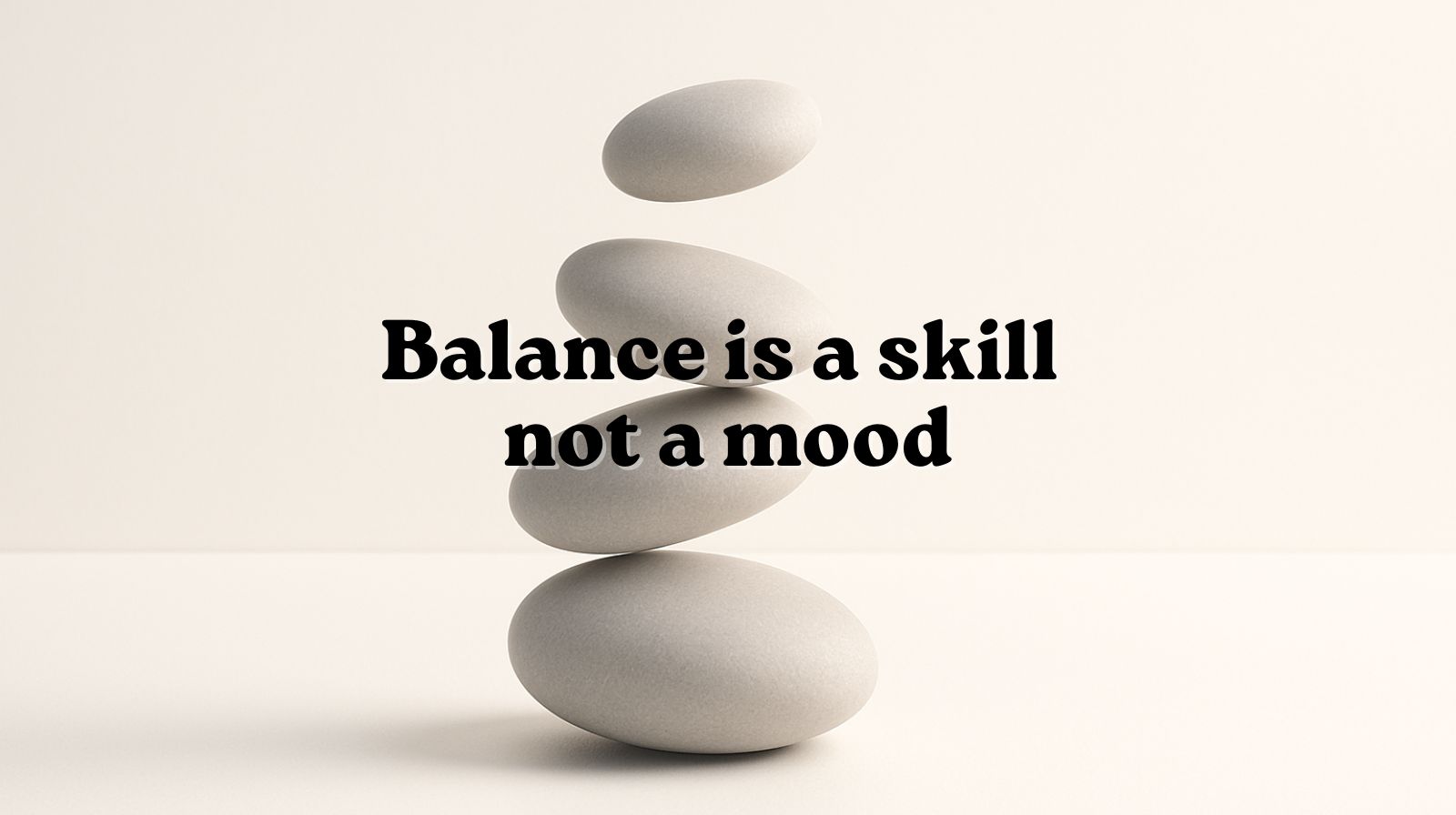 Smooth grey pebbles levitating in balanced formation over a clean white surface under soft daylight, representing emotional steadiness in investing.