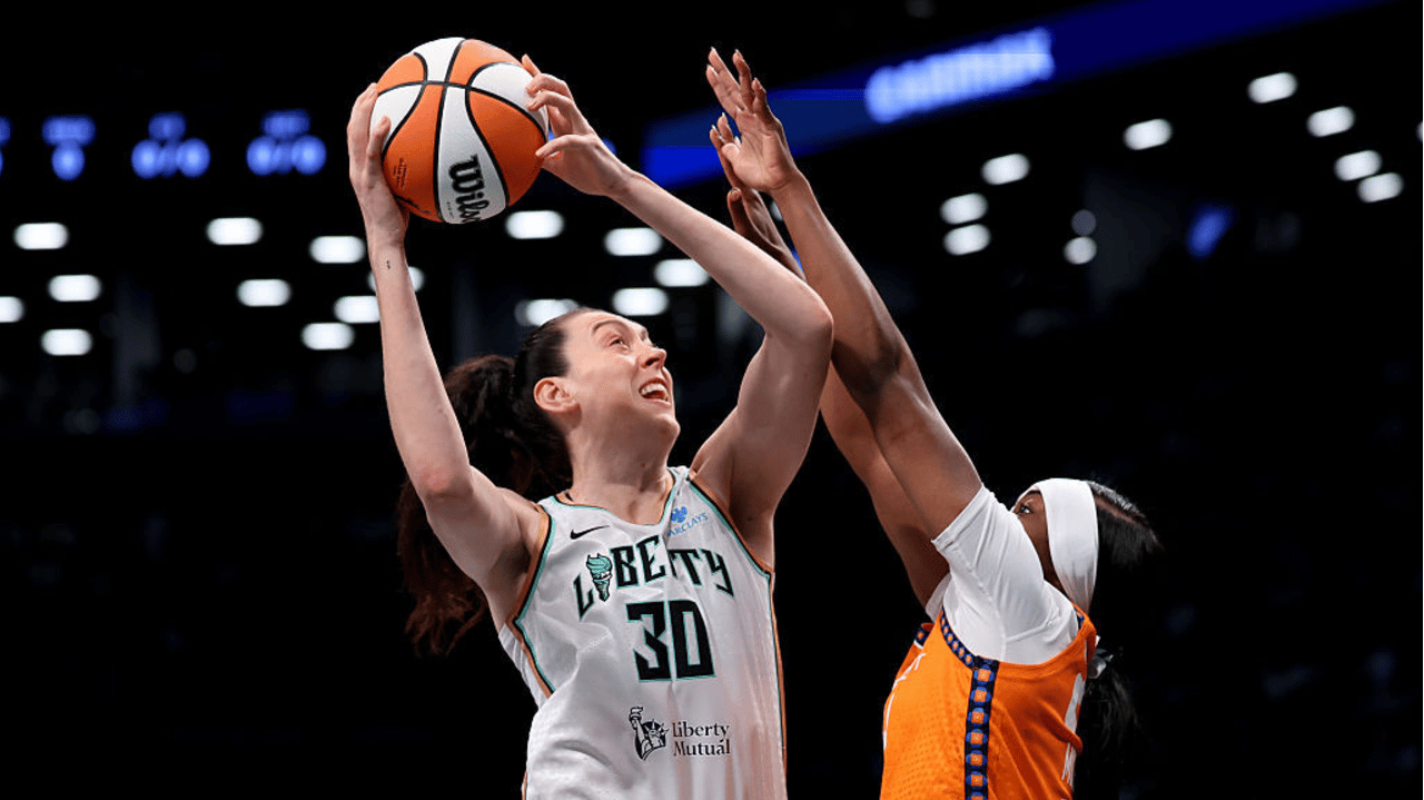 Breanna Stewart #30 of the New York Liberty shoots over Aneesah Morrow #24 of the Connecticut Sun during the first half at Barclays Center on August 25, 2025 in New York City.