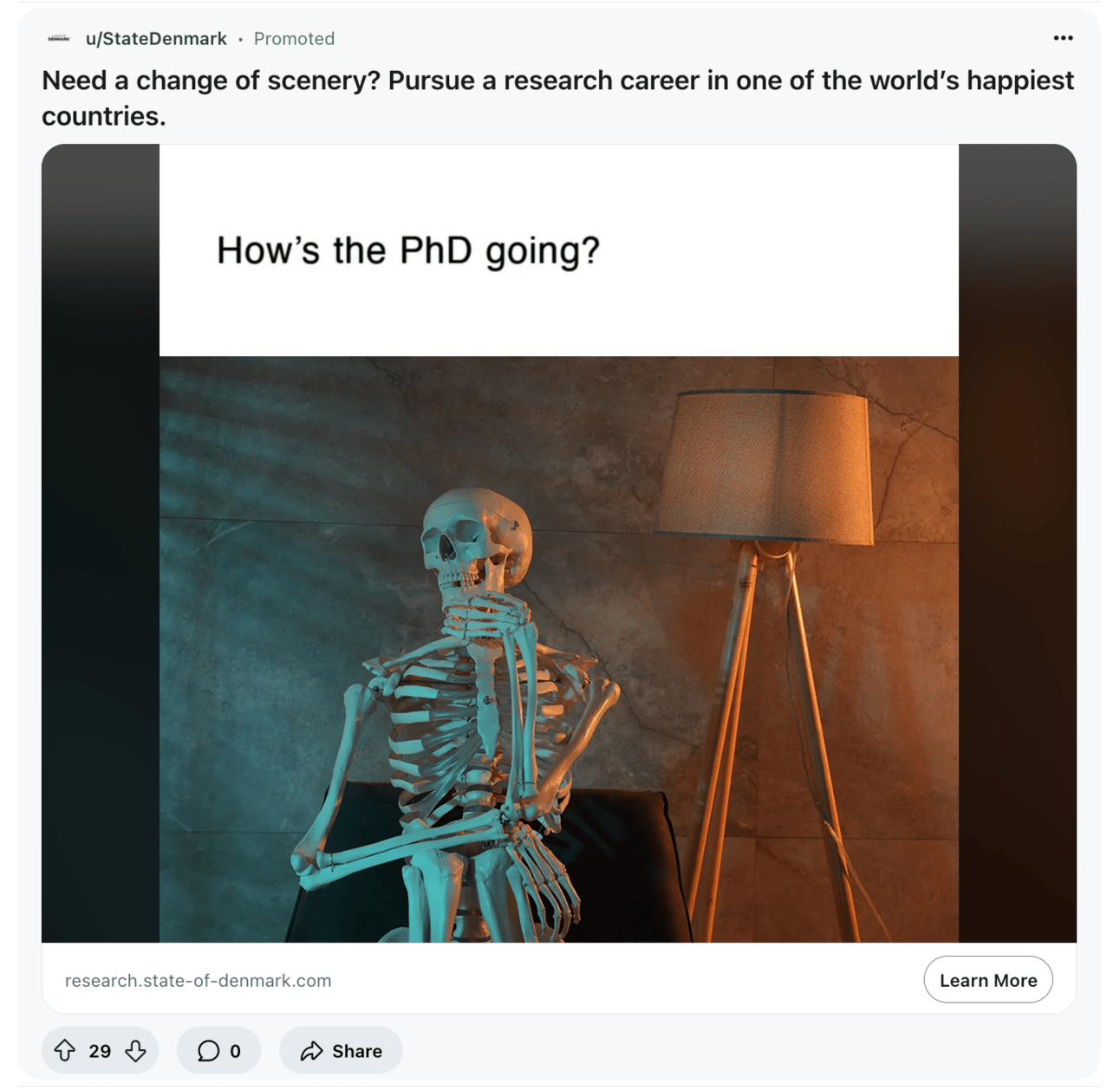 A skeleton in a thoughtful pose. Caption: How's the PhD going?