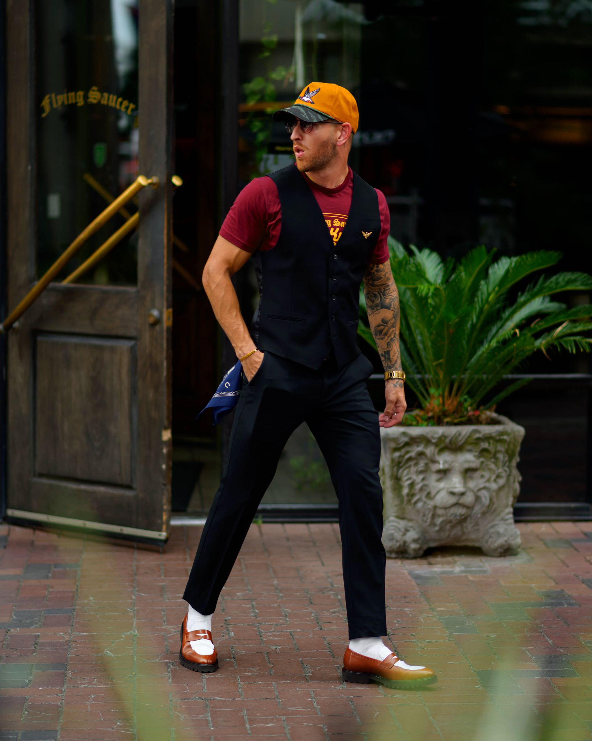 Southern Gents Black Single breasted vest and brown + white lug sole penny loafers