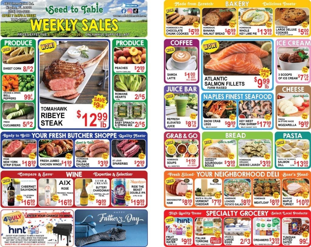 A page of the weekly sales flyer for meat and fish.