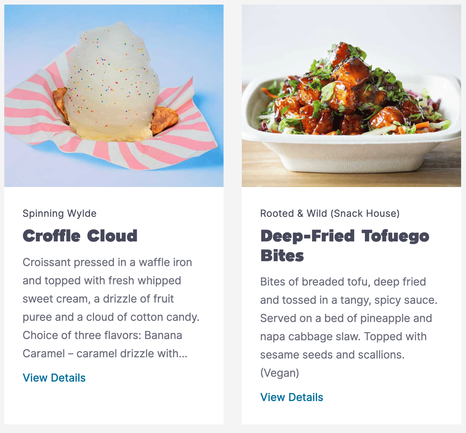 Pictures from the MN State Fair website of the Croffle Cloud and Deep Fried Tofuego Bites. 
