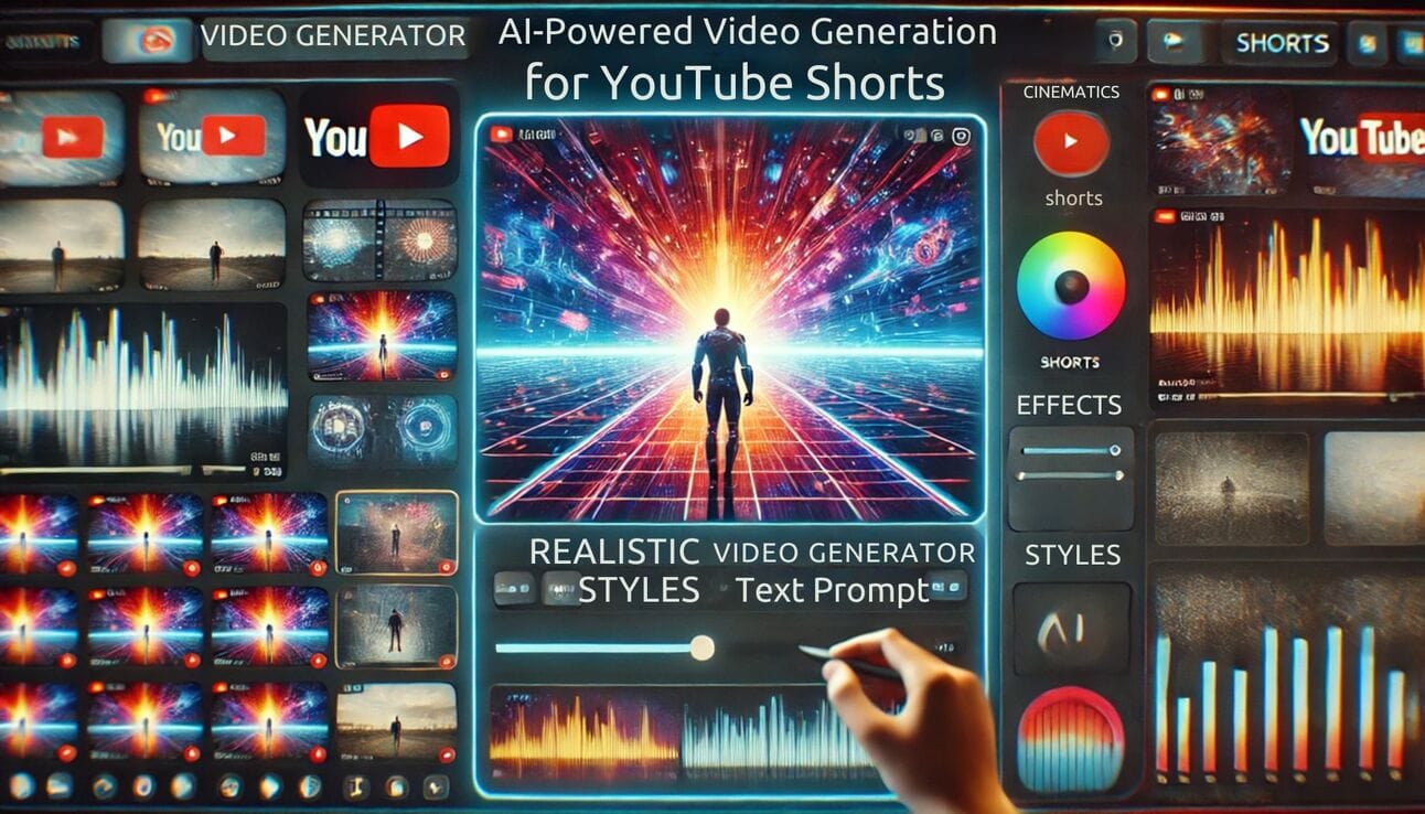 A futuristic digital interface displaying AI-powered video generation for YouTube Shorts. A user types a text prompt, and a visually striking video scene appears on the screen, depicting a sci-fi-inspired landscape. The interface includes controls for cinematic effects, color grading, and style selection. Various thumbnails of AI-generated videos are visible on the side panels, showcasing different artistic styles and dynamic scenes. A sleek, modern design with vibrant neon colors symbolizes the fusion of creativity and technology in digital content creation.