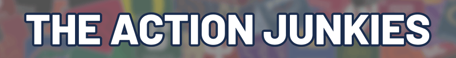 "The Action Junkies" in white with a navy border on a colorful, blurry background,