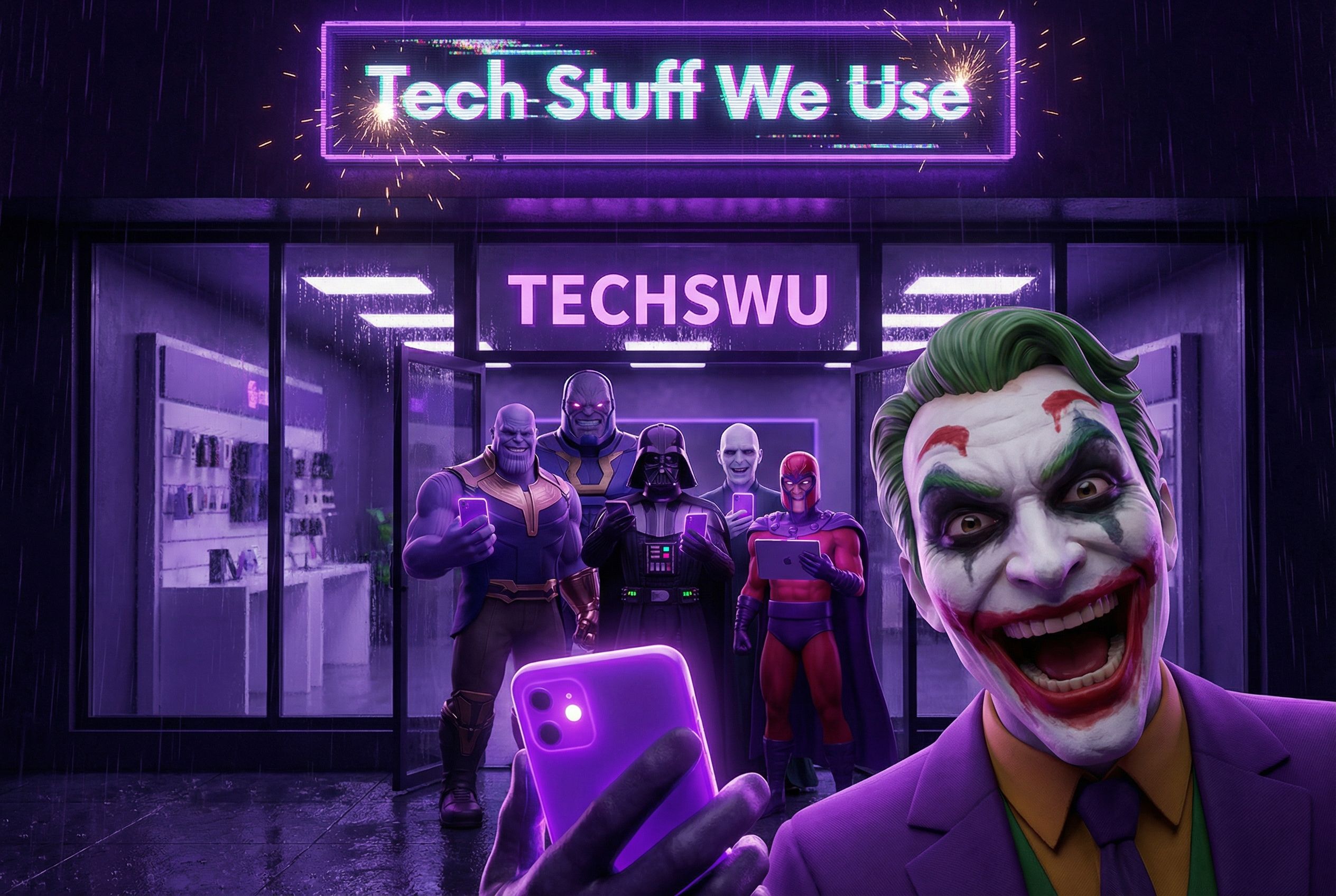 Supervillains on a Shopping Spree A deliciously sinister, futuristic 3D render of the TECHSWU store wrapped in dark neon purple, the "Tech Stuff We Use" sign flickering with dramatic energy. Thanos, Darkseid, Darth Vader, Joker, Voldemort, and Magneto sta