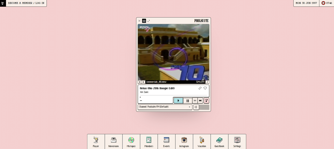 A nostalgic, 90s-style digital interface showing a pixelated video on a pink desktop background from Poolsuite FM