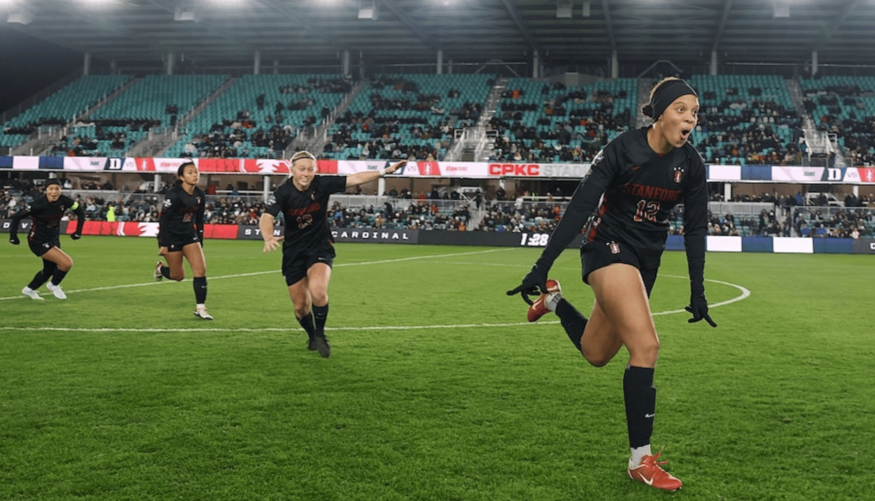 Jasmine Aikey #12 of the Stanford Cardinals runs before the game against the Duke Blue Devils during the Division I Women's Soccer Semifinals
