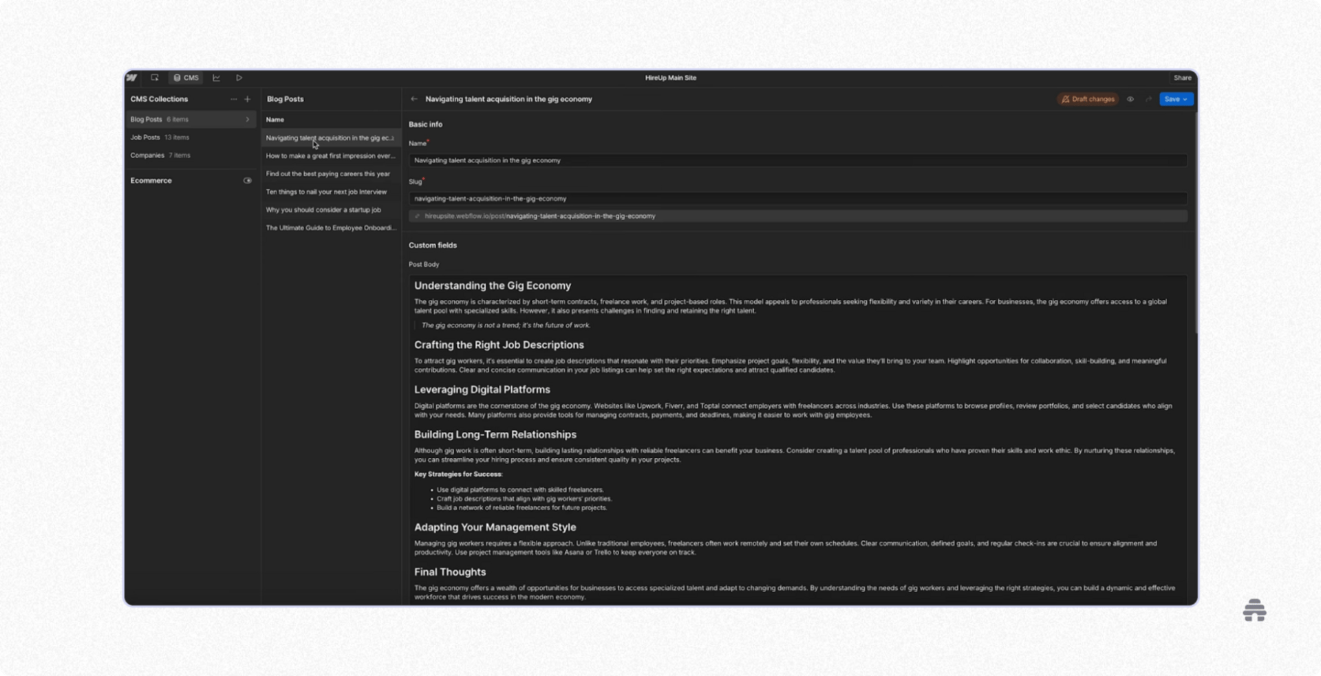 Webflow CMS editor displaying a blog post being edited, with fields for title, slug, and structured content sections inside a CMS collection. The screen shows a creator managing long-form article content and metadata for publishing and SEO optimization.