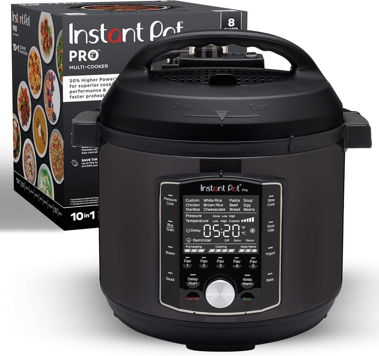 Instant Pot Pro 10-in-1 Multi-Cooker – A modern black pressure cooker with advanced control panel, surrounded by ingredients like beans, herbs, and chicken—emphasizing its power and versatility for serious home cooks.
