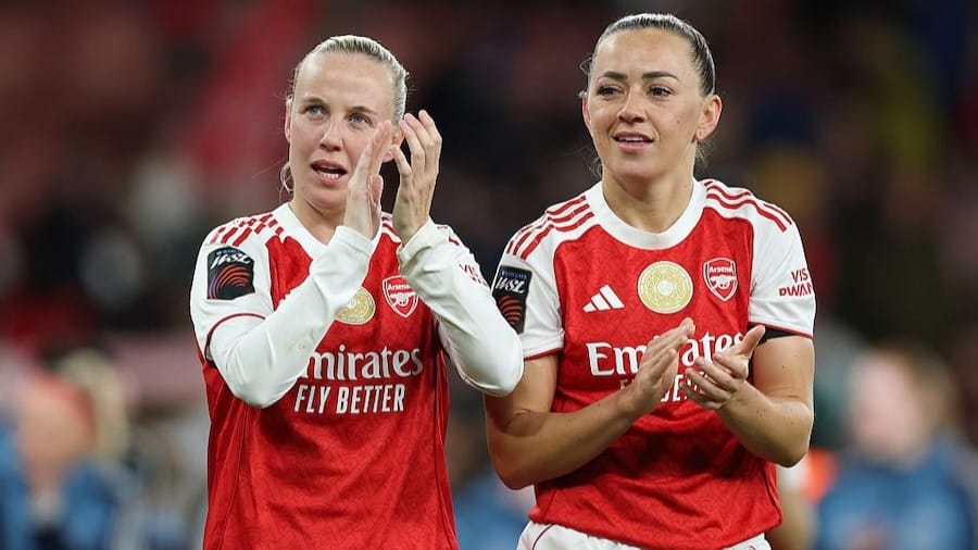 Beth Mead and Katie McCabe of Arsenal thank the supporters after the Barclays FA Women's Super League match 