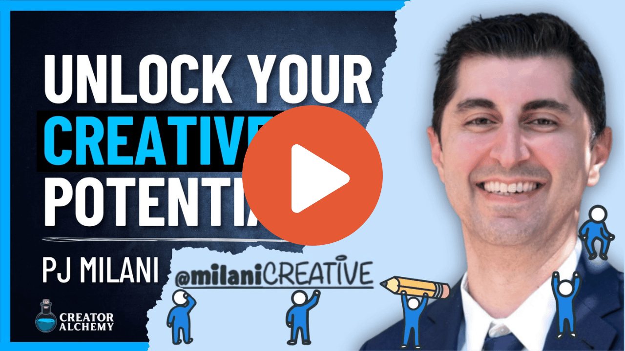Youtube thumbnail for a podcast with PJ Milani (milanicreative) on the show Creator Alchemy with Corey Wilks.