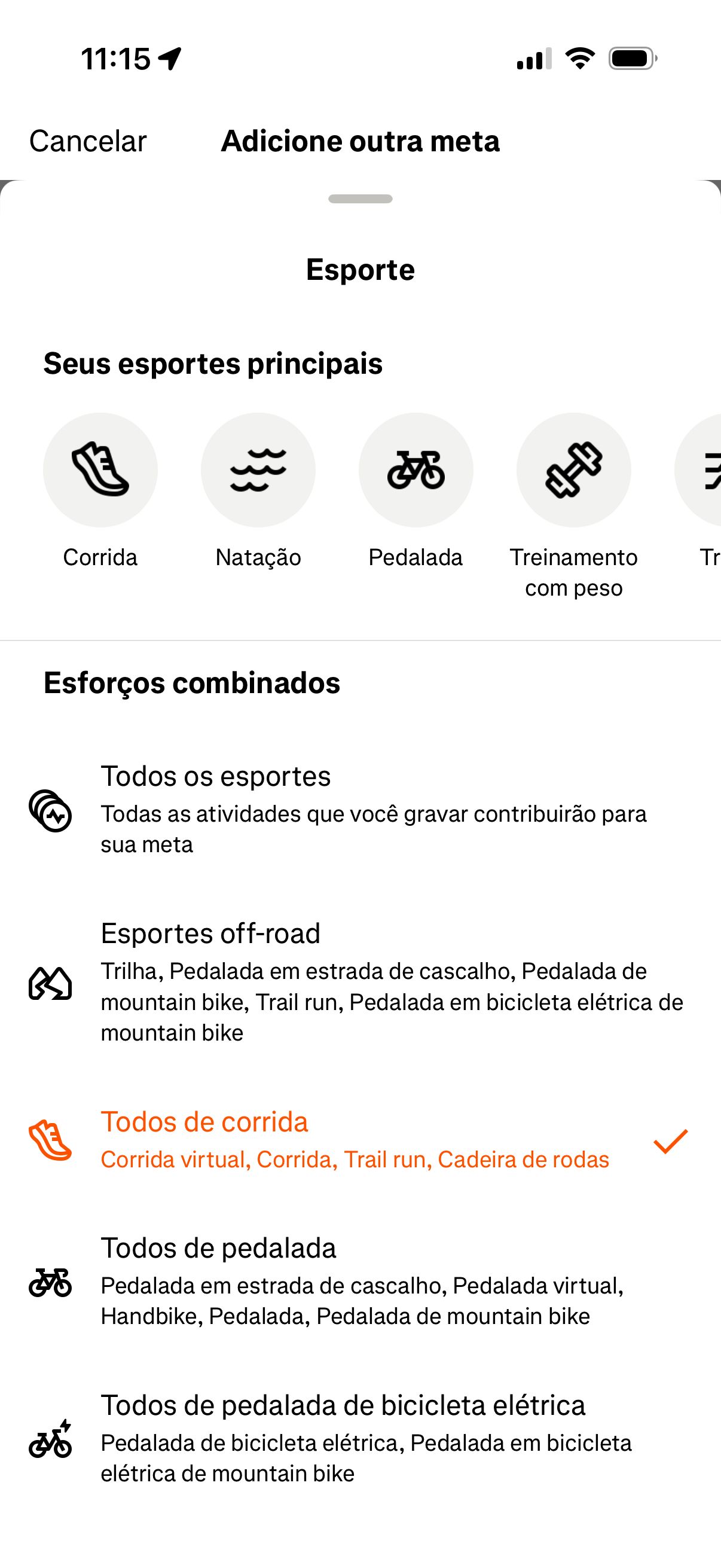 captura de tela das atividades disponíveis para metas no strava