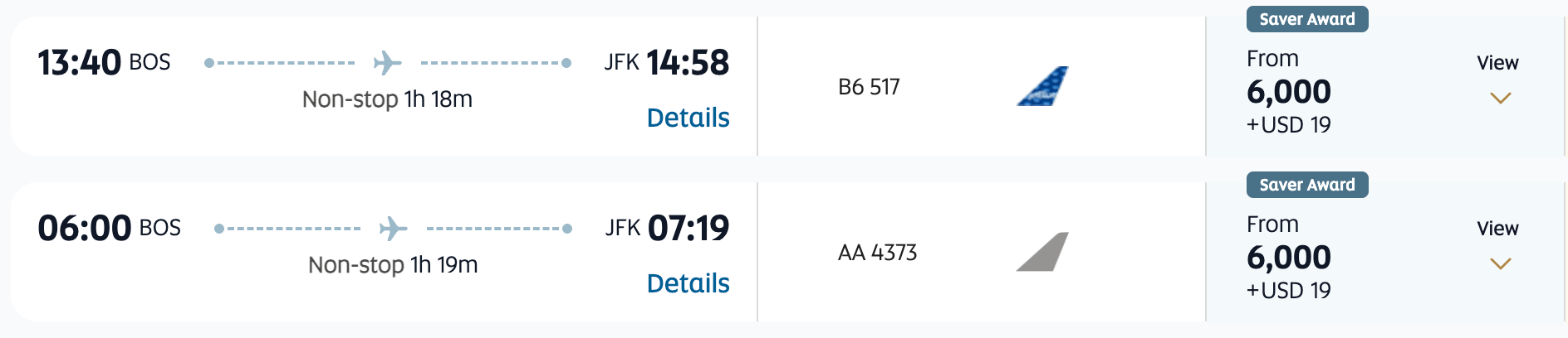 Boston to New York for 6,000 Etihad miles on JetBlue and American