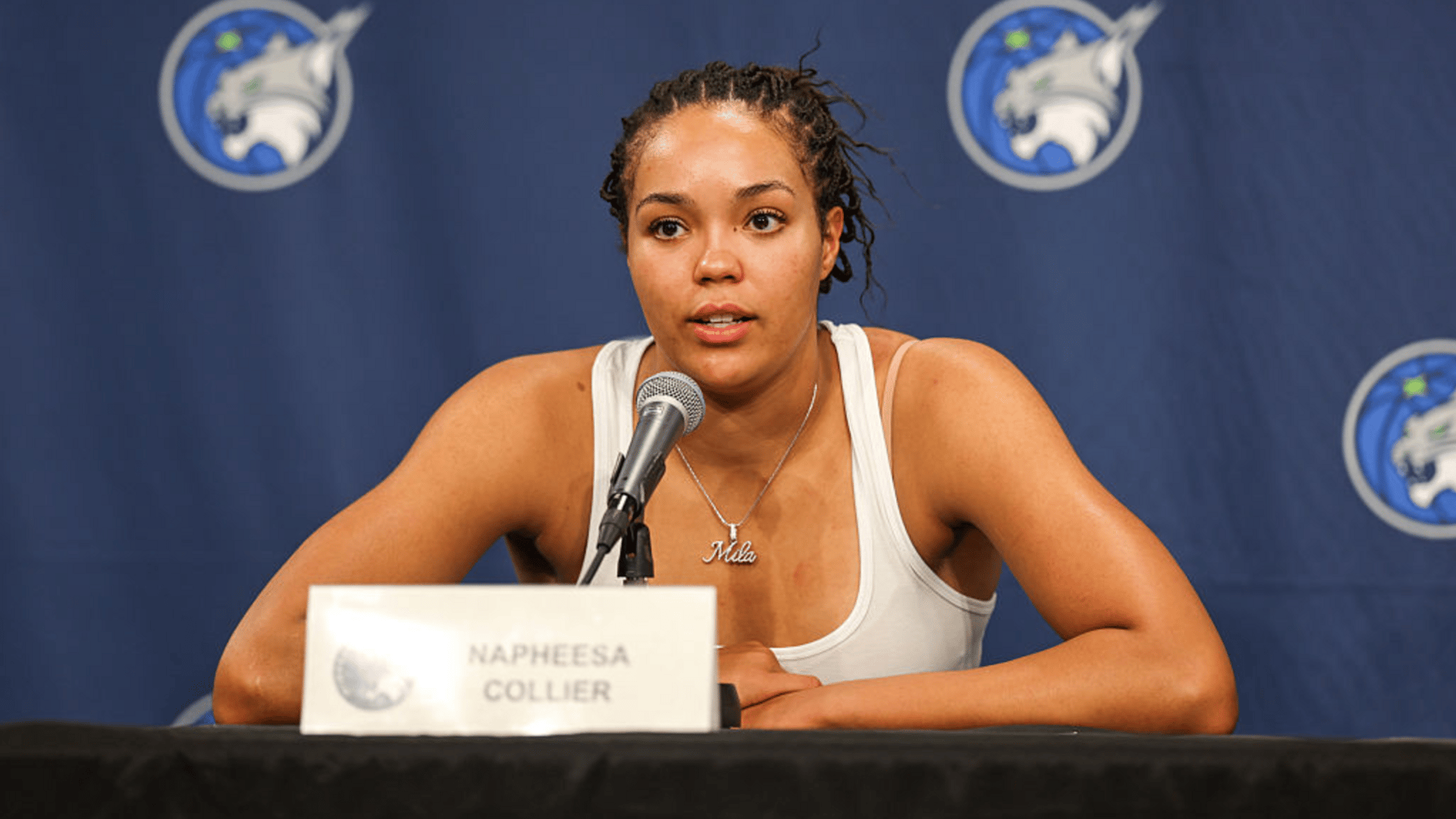 Napheesa Collier #24 of the Minnesota Lynx speaks in a post-game press conference after the game between the Minnesota Lynx and the Atlanta Dream at Target Center on July 27, 2025 in Minneapolis, Minnesota.