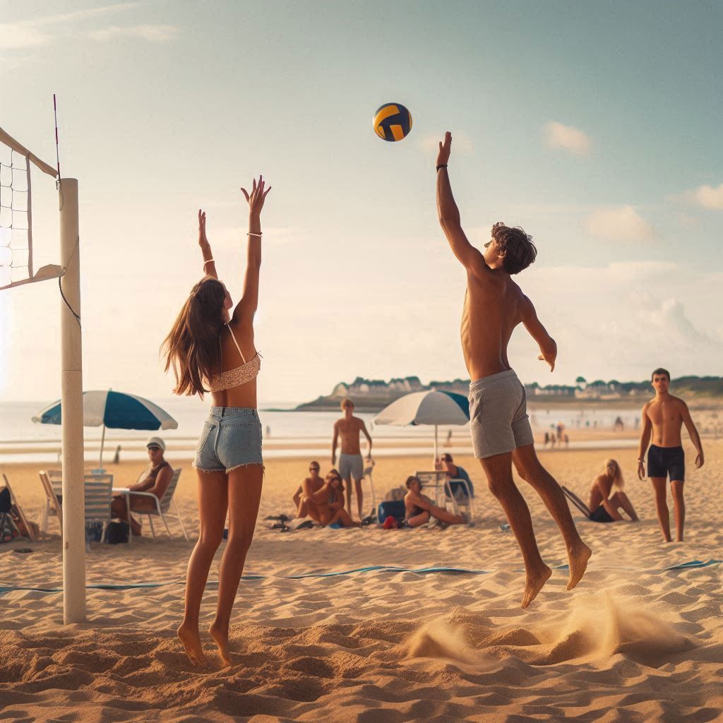 Deux amis jouent au beach-volley sur une plage ensoleillée avec des spectateurs