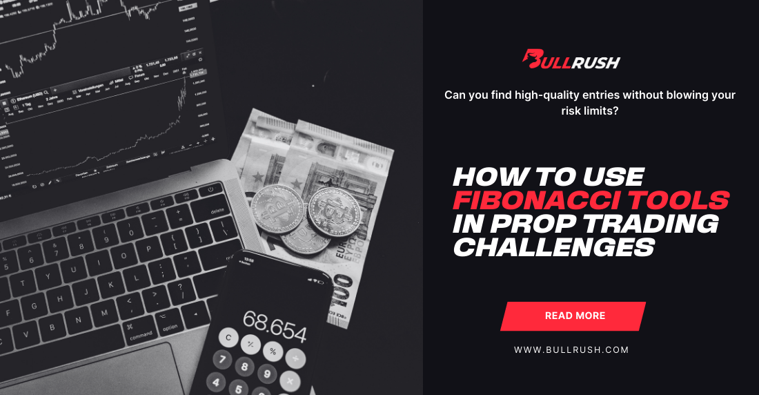 Illustration representing Fibonacci retracement tools used to structure entries and manage risk in prop trading challenges