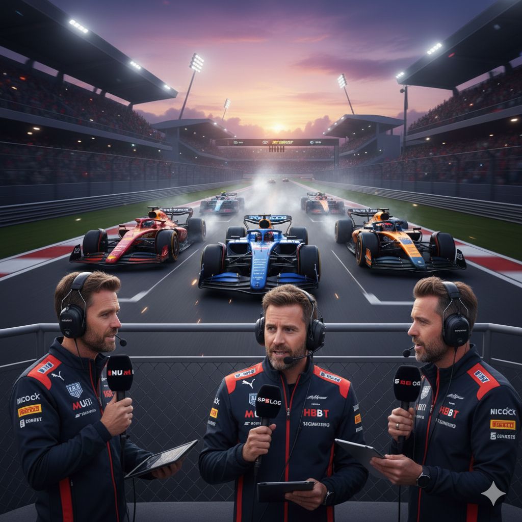 Formule 1 ontknoping 2025 met raceauto’s op volle snelheid tijdens de start, terwijl Nederlandse F1-commentatoren van De Boordradio langs de baan verslag doen. Visuele sfeer van de titelstrijd tussen Norris, Verstappen en Piastri, gebruikt voor een gids van de beste F1-podcasts.