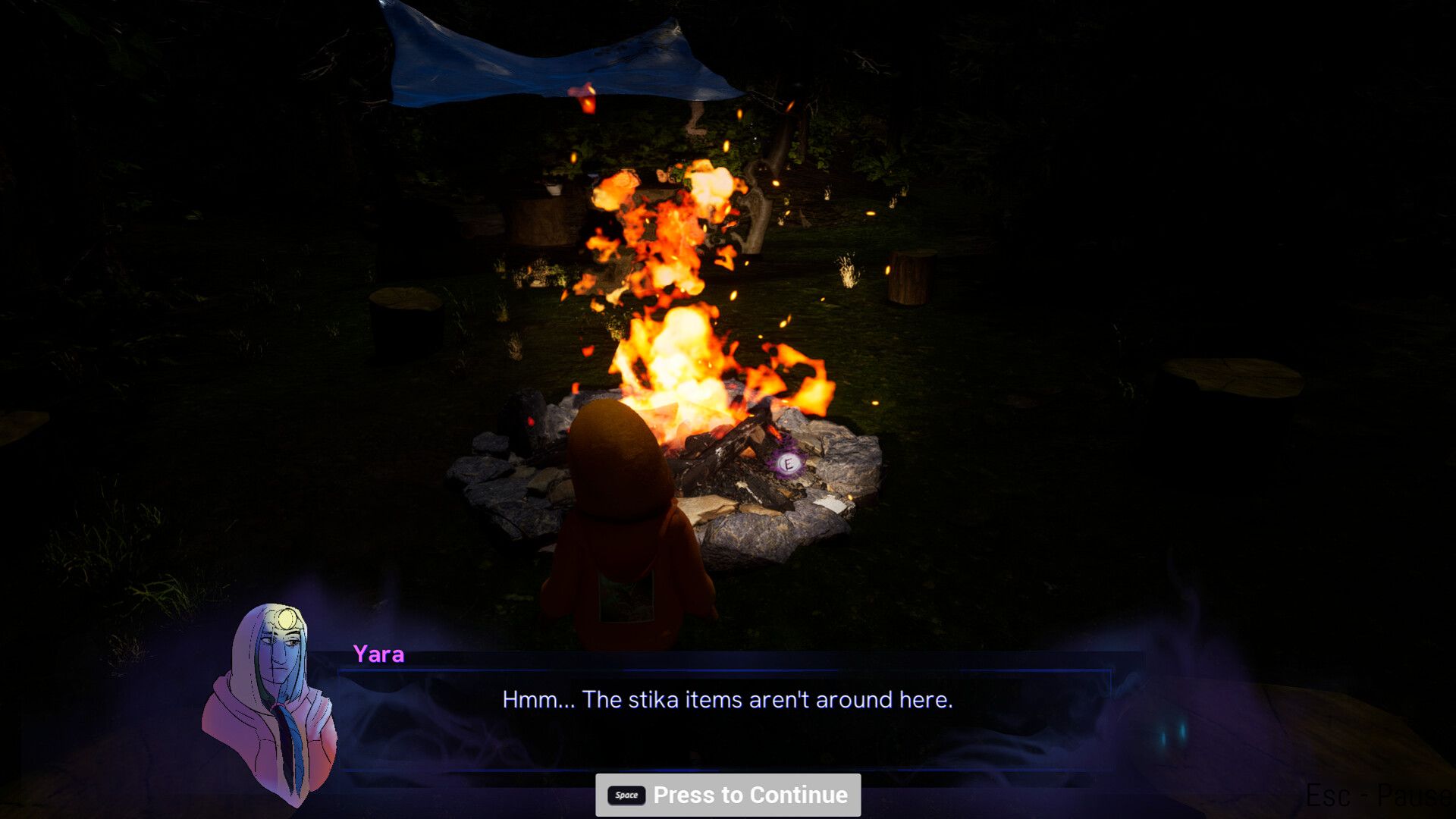 Video game still, showing a campfire. An overlaid image of Yara in purples and blues appears alongside the dialog, "Hmm... The stika items aren't around here."