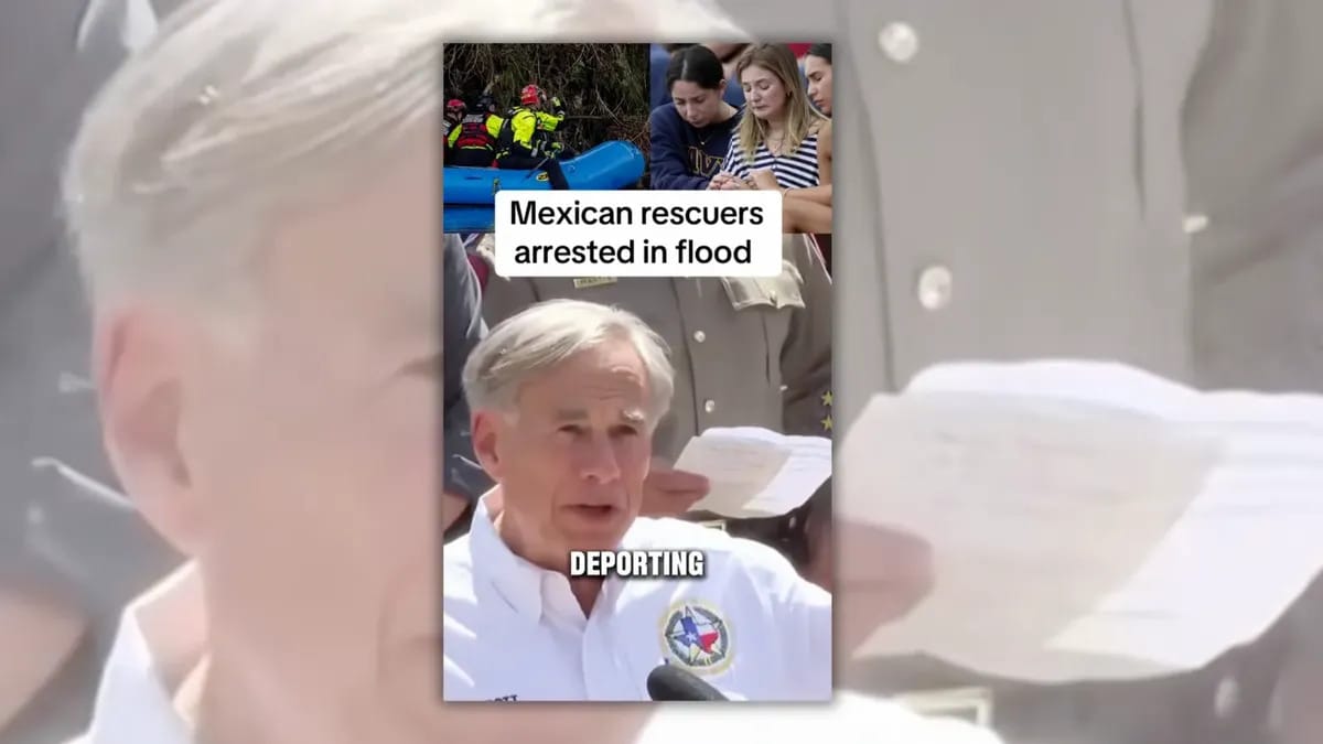 A white man is shown speaking below images of people sobbing and rescuers in a canoe on the river. Text above the man says, "Mexican rescuers arrested in flood."