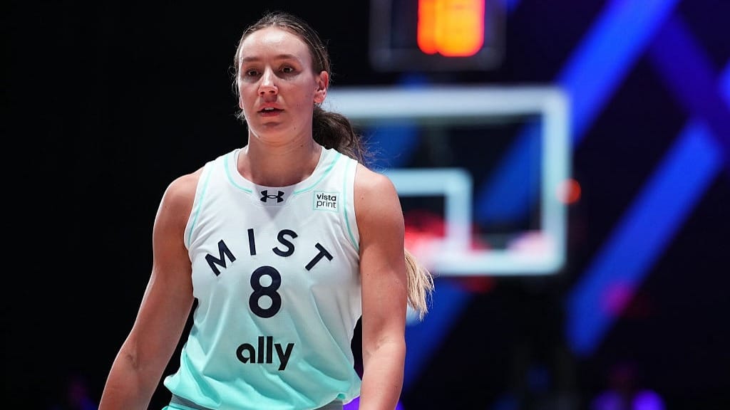 Alanna Smith #8 of the Mist looks on against the Hive during the first quarter of an Unrivaled 2026 game