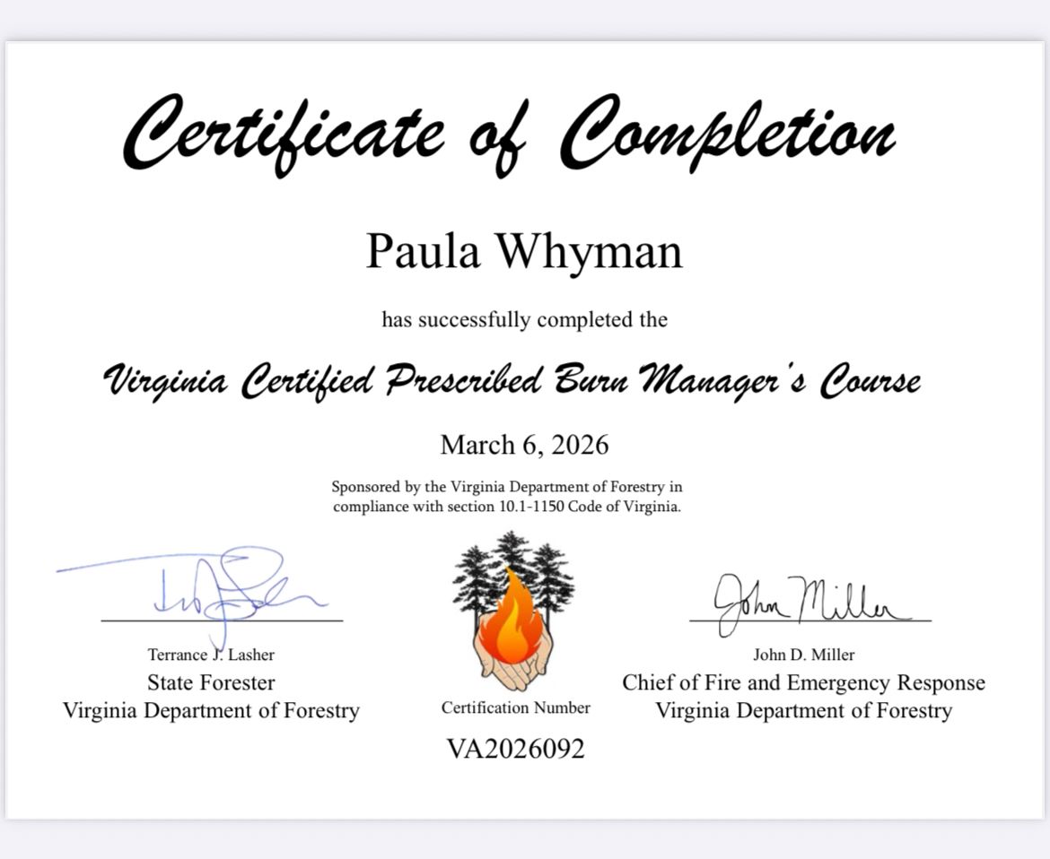 my certificate of completion for the Virginia Certified Burn Manager's Course
