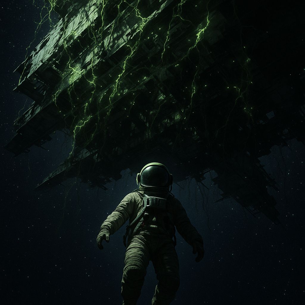 Worm’s-eye view of an astronaut floating beneath a massive derelict spacecraft wrapped in glowing vines, with the starfield above.