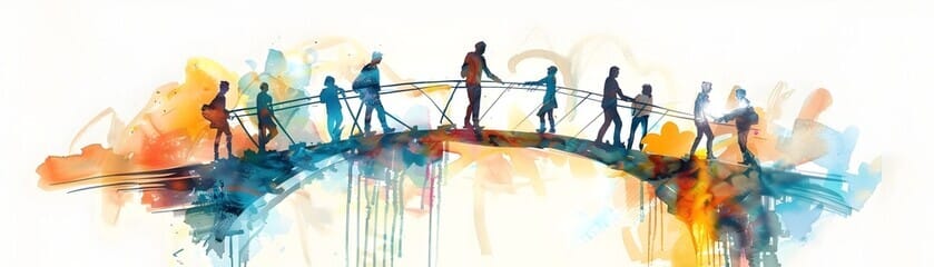 A watercolor in mostly blues and oranges shows folks of different shapes and sizes, in shadow, crossing a narrow bridge with thin railing over a arched gap.