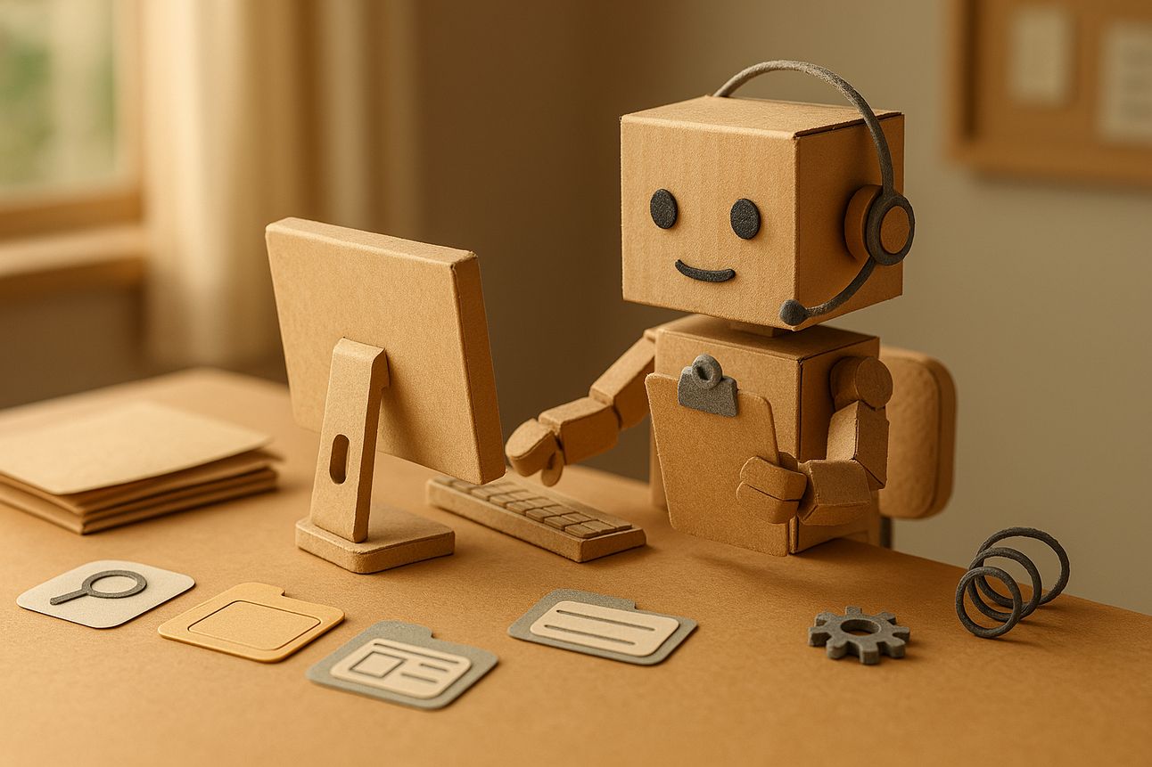 A robot hands glowing AI tools to smaller bots in a sunrise-lit tech lab filled with swirling code and energy.
