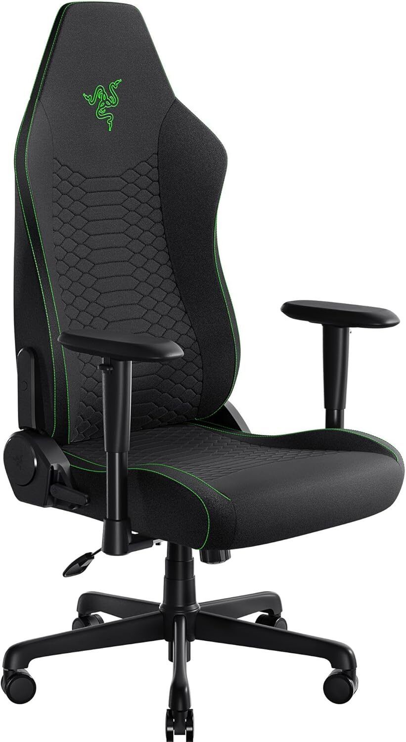 Razer Iskur – Built for Posture, Styled for Performance A bold black and green ergonomic gaming chair with a racing seat design and built-in lumbar support, ideal for stylish, posture-focused gamers.