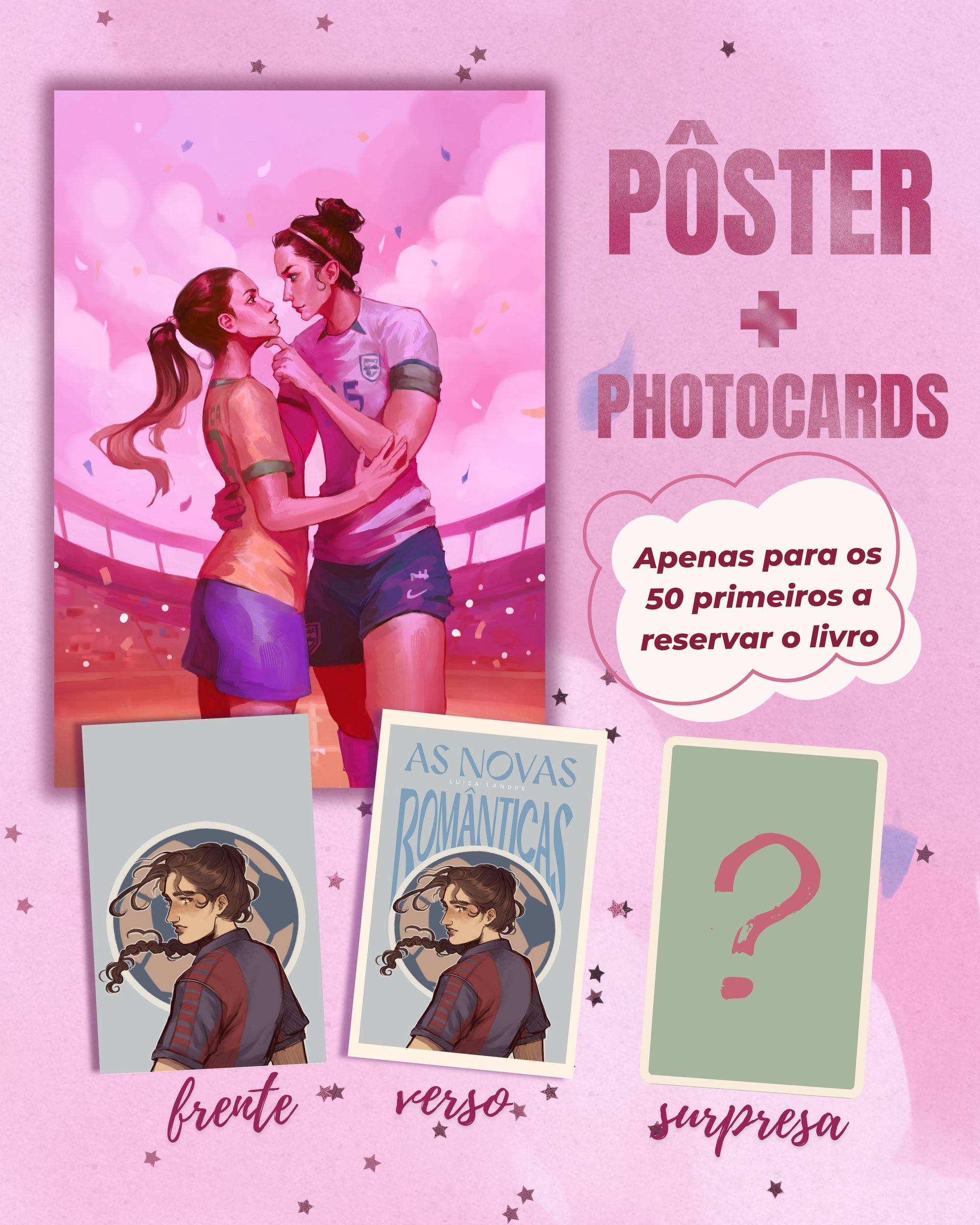 Imagem mostrando o pôster com a arte da capa e os photocards que vêm junto.