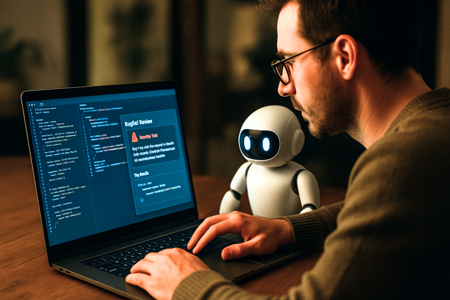 A software developer sits at a wooden desk, focused on a laptop displaying a code editor with a highlighted security alert labeled “Buglist Review.” Beside the developer, a small humanoid robot with glowing eyes looks at the screen. Both appear to be reviewing the code together in a dimly lit workspace, illustrating AI-assisted code review and collaboration.