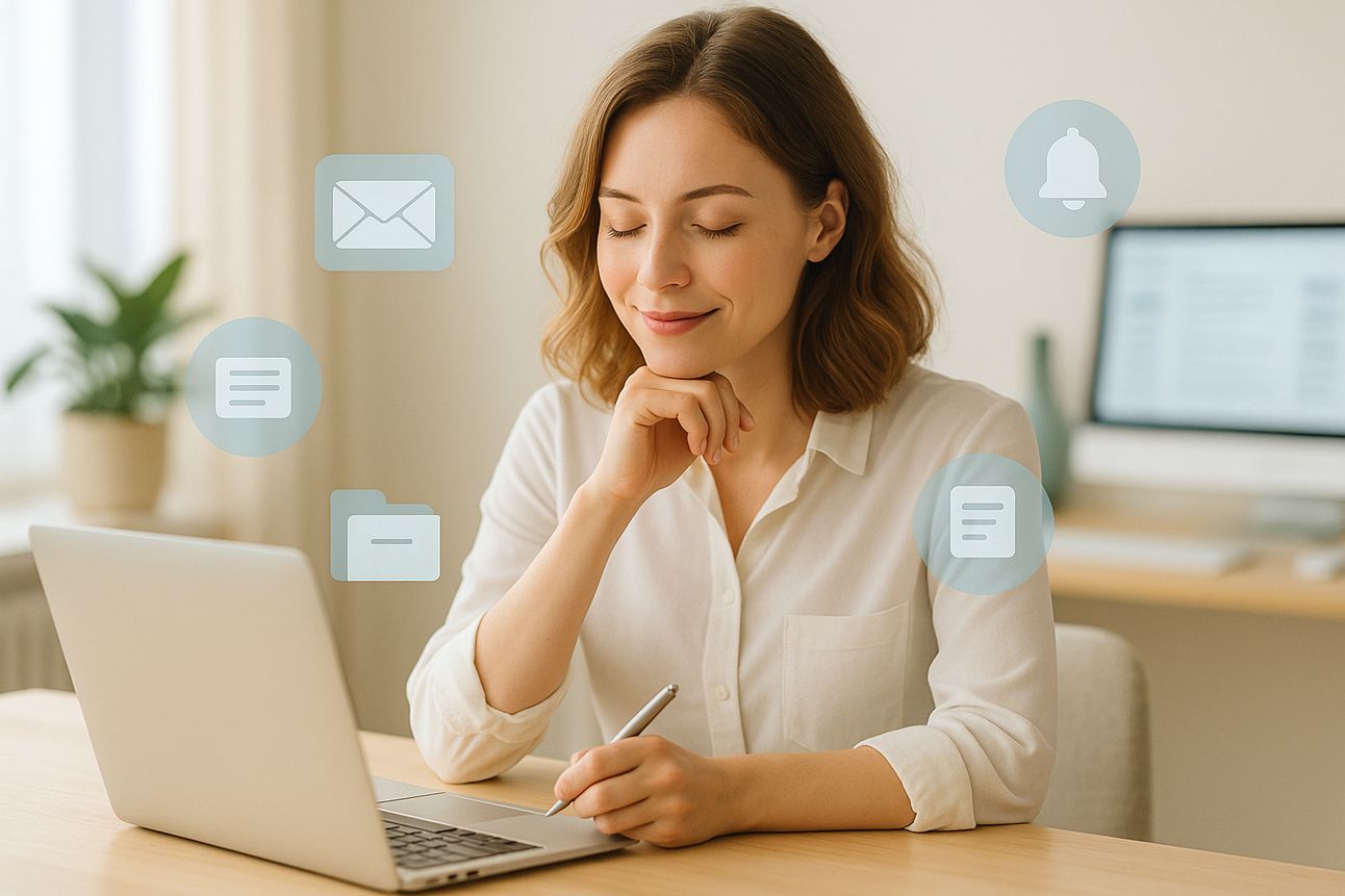 Femme sereine travaillant sur ordinateur, entourée d’icônes numériques symbolisant les tâches automatisées