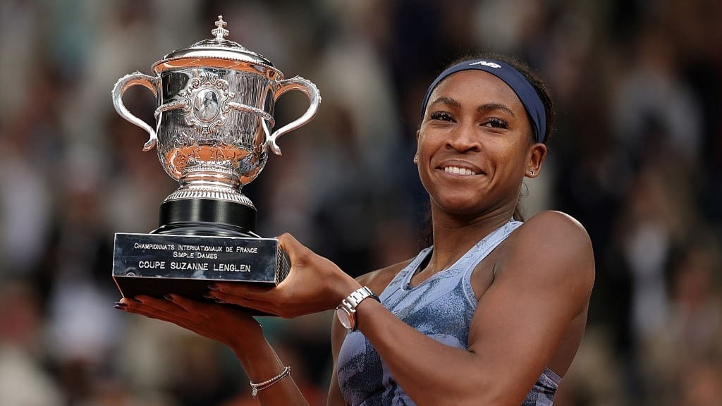  Coco Gauff of United States with the Coupe Suzanne Lenglen trophy after her victory over Aryna Sabalenka in the Women’s Singles Final match 