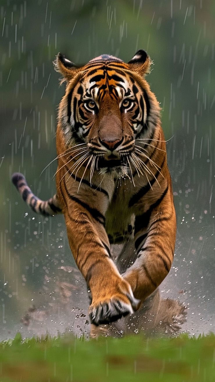 tiger running in a raint day