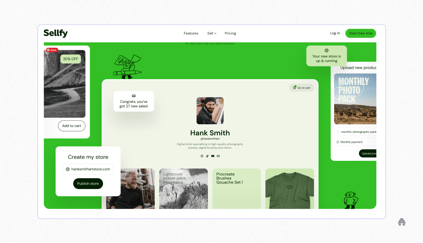 Sellfy storefront dashboard showing a creator’s online shop, digital products, and sales notifications, highlighting tools to sell and monetize digital products directly.