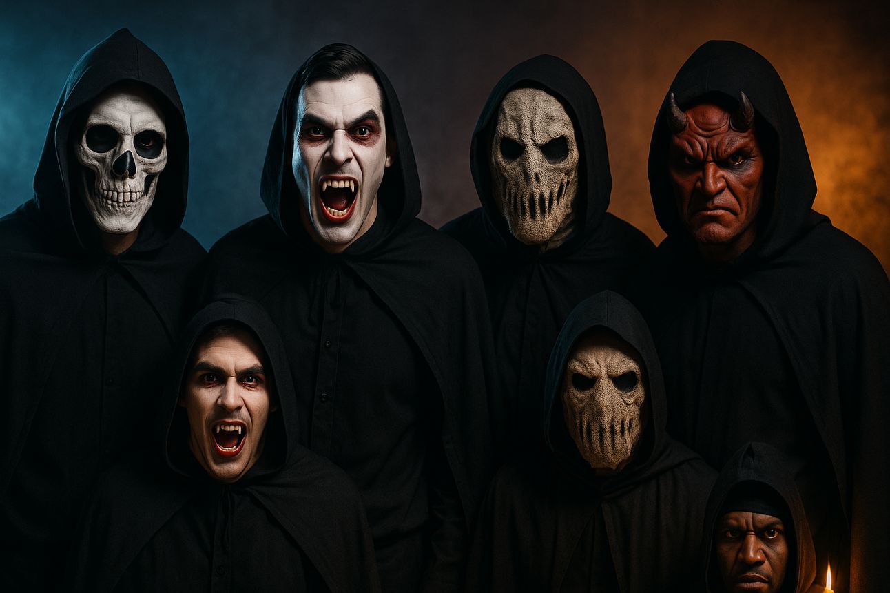 Seven men dressed in budget-friendly Halloween costumes pose together in dramatic lighting, wearing black hooded cloaks and various scary masks. The group includes skull faces, vampires with fangs, a horned red demon, and burlap-style horror masks. The moody blue and orange background lighting enhances the eerie, low-cost horror vibe.