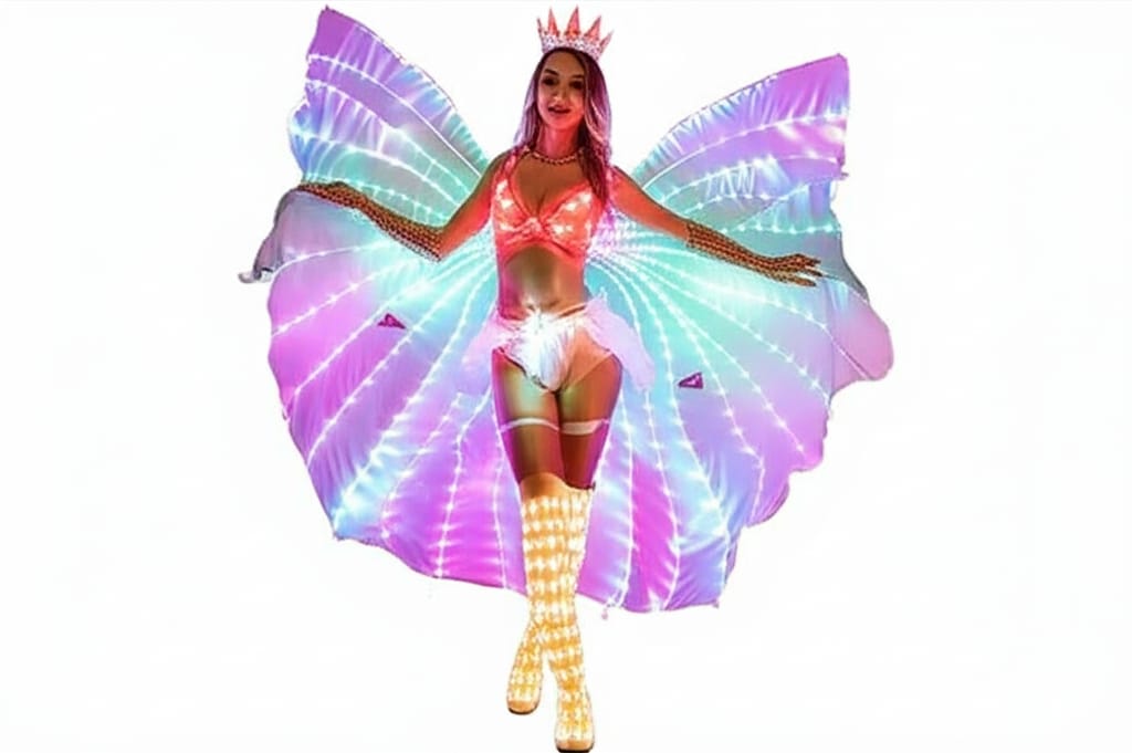 "Woman in a vibrant light-up butterfly costume with multi-colored LED wings and accessories, posing against a solid white background."