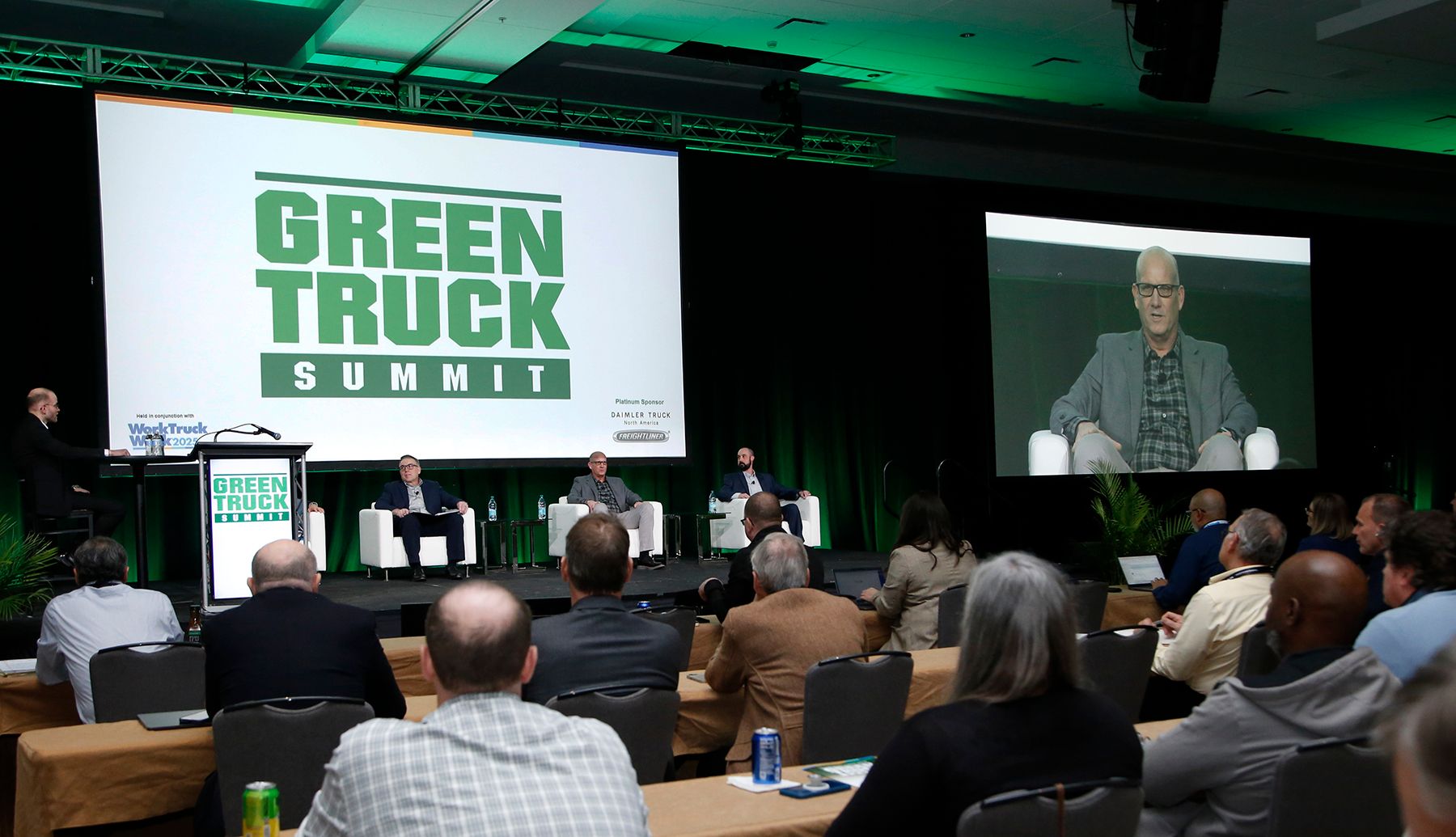 Panel discussion at the Green Truck Summit during NTEA Work Truck Week, where fleet and OEM leaders discuss chassis updates and platform changes