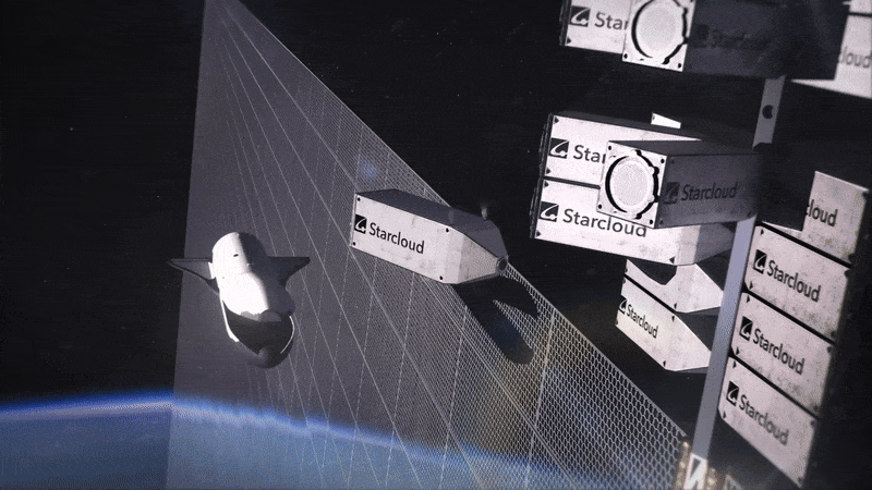 This animation shows Starcloud’s concept for a 5‑gigawatt space‑based data center powered and cooled by solar and radiator panels measuring roughly 4 km by 4 km. 