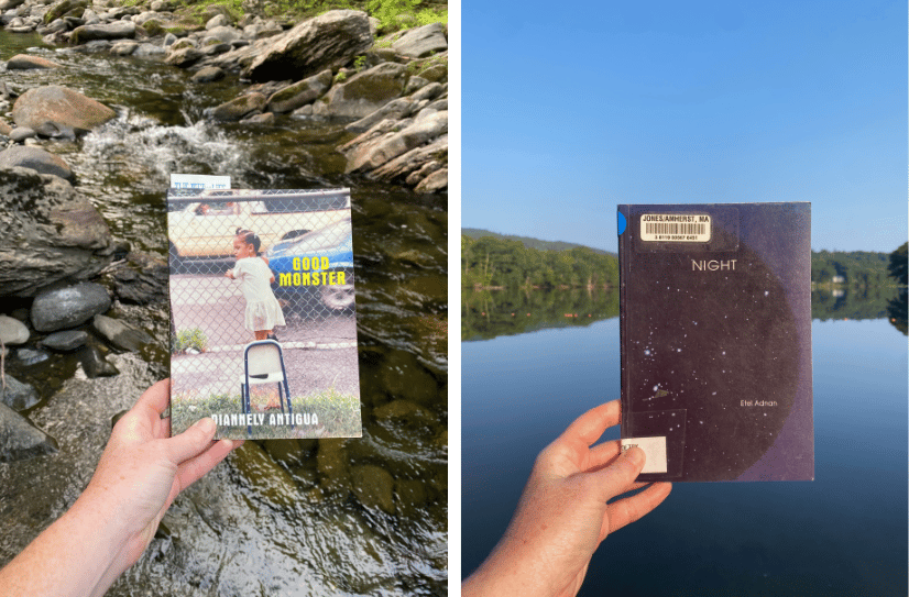 Left: I’m holding up Good Monster in front of a rushing rocky river. Right: I’m holding up Night in front of the clear blue lake.