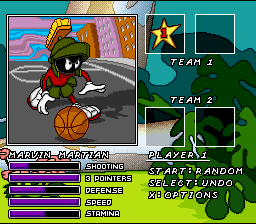 An image of the character select screen, which shows art of the character in question, as well as their stats in five categories: shooting, 3 pointers, defense, speed, and stamina.