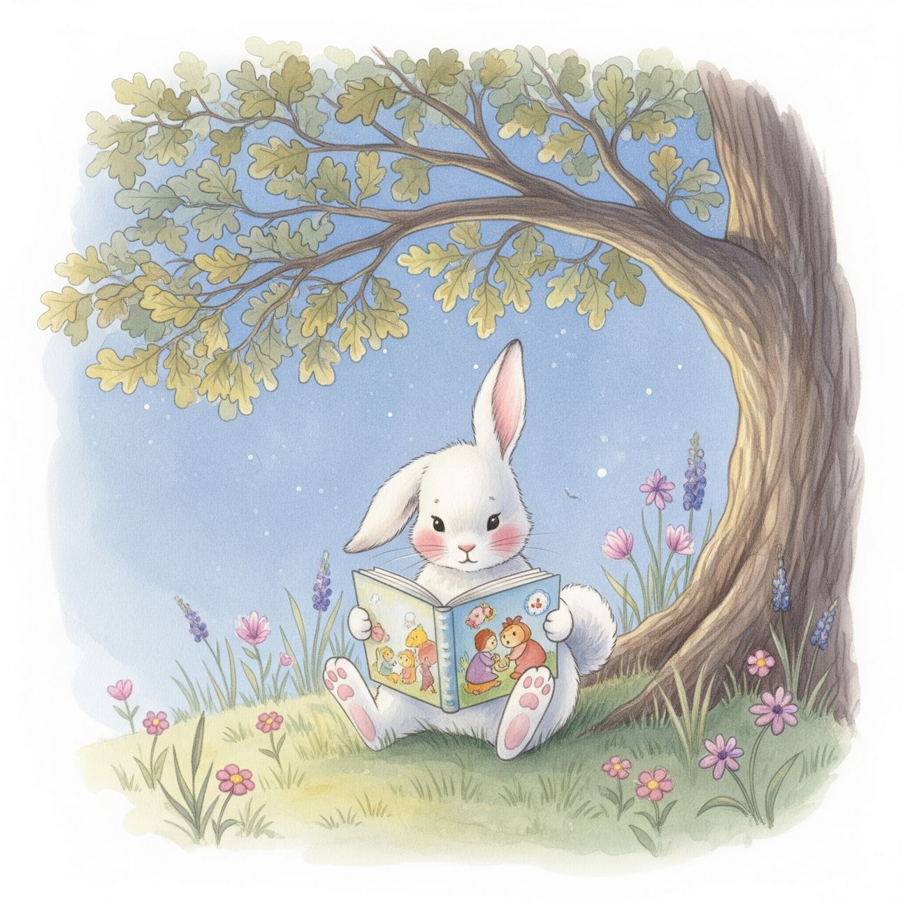 A watercolor painting of an adorable bunny reading a storybook under a tree, bathed in the soft, ethereal light of blue hour with pastel colors.