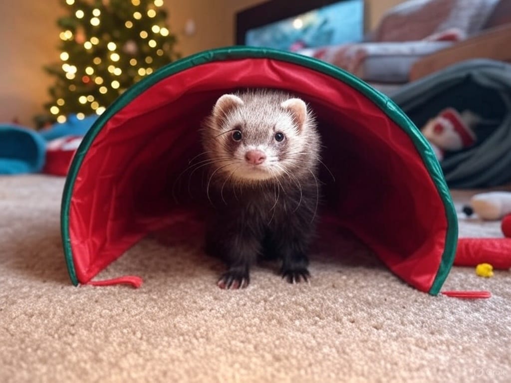 A playful ferret peeks out of a red-and-green holiday tunnel, surrounded by a festive setup under a decorated Christmas tree with twinkling lights and colorful ornaments, including blue and gold balls. Nearby, a green festive toy with red accents sits on a light-colored rug, and gift boxes wrapped in red and green paper are scattered around. The cozy scene includes a blue fleece hammock in the background, adding to the warm holiday atmosphere in the living room.