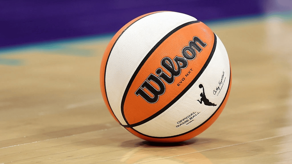 A detailed view of a Wilson WNBA game ball during the first quarter between the Los Angeles Sparks and the Seattle Storm