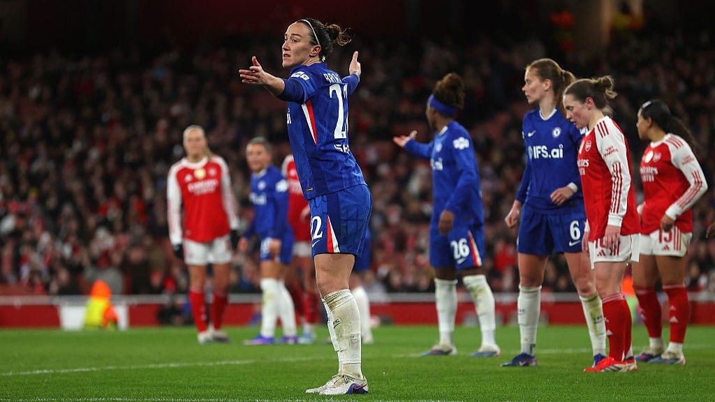 Lucy Bronze of Chelsea reacts during the UEFA Women's Champions League 2025/26 Quarter-finals First Leg match between Arsenal and Chelsea at Arsenal Stadium on March 24, 2026 in London, England.