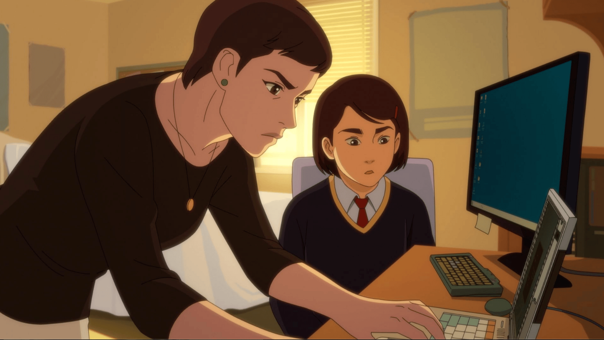 Still from an animation, showing a mother leaning over a computer with a grim expression on her face, while her daughter watches.