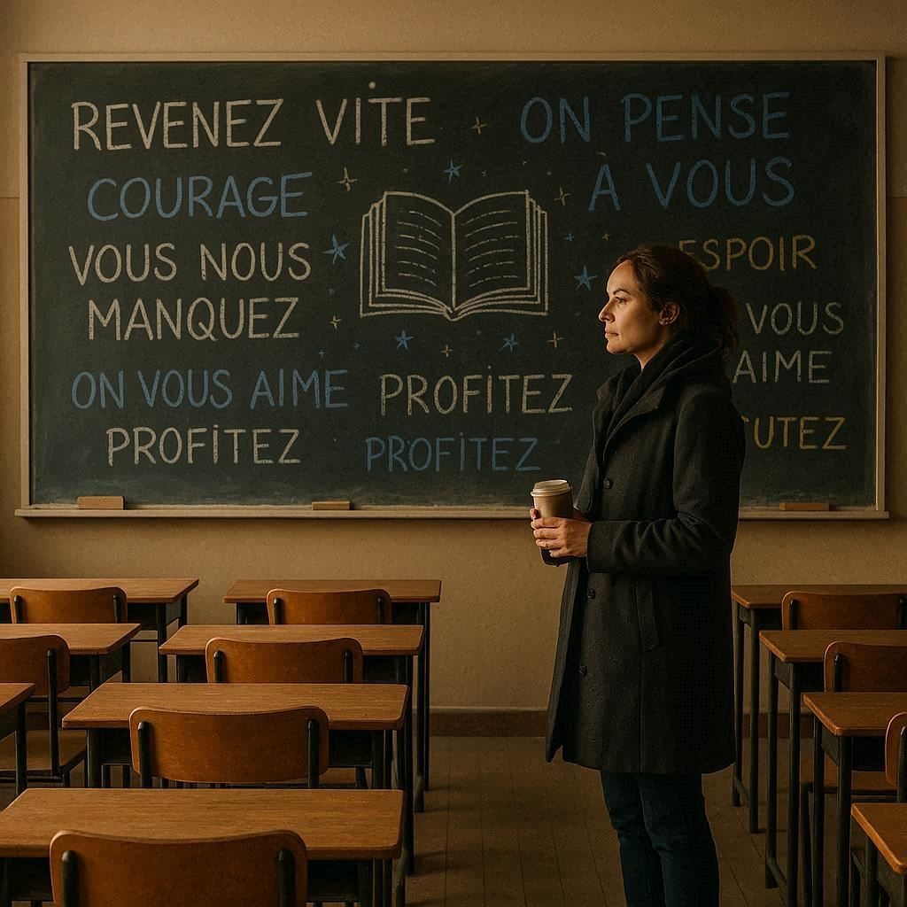 A supply teacher stands motionless before a blackboard covered in chalk messages for her absent colleague.