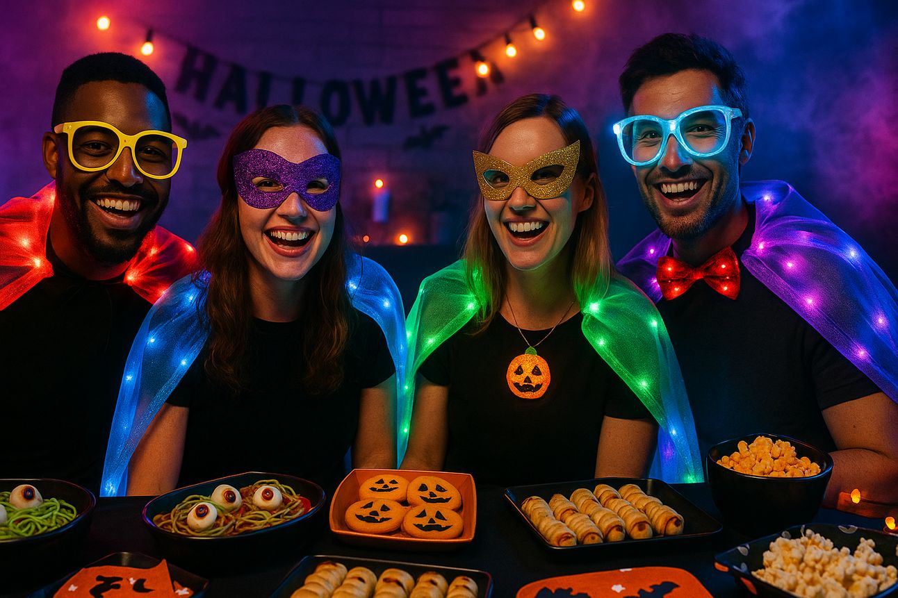Four Halloween partygoers smile and pose in basic black outfits upgraded with glowing capes, glitter masks, oversized glasses, and light-up accessories. They sit behind a table filled with themed snacks like eyeball spaghetti, jack-o’-lantern cookies, and mummy-wrapped bites, with a festive “HALLOWEEN” banner and string lights glowing in the colorful, fog-lit background.